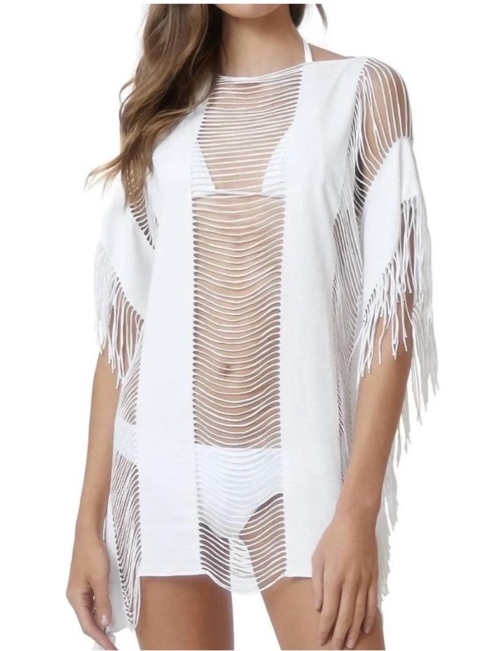 PQ Swim White Fringe Sheer Slashed Beach Coverup
